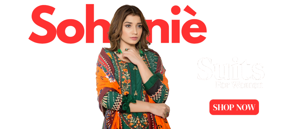 Woman wearing vibrant ethnic suit – Sohnié brand banner for Suits for Women category with Shop Now button